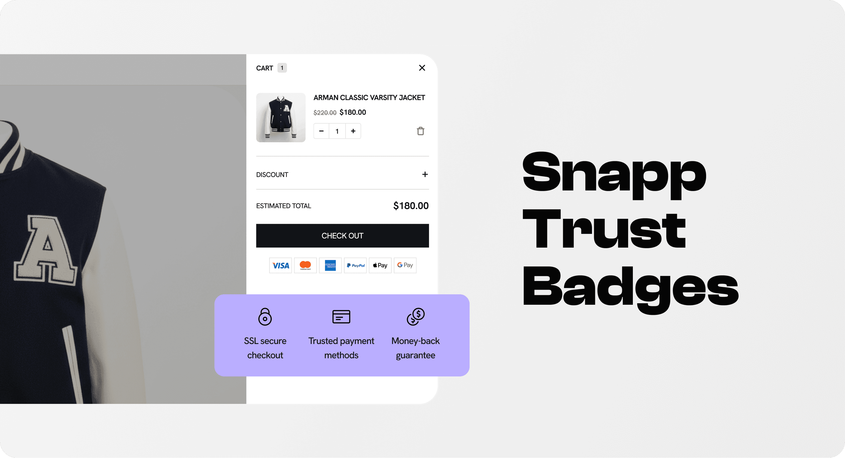 Shopify cart with secure checkout, trusted payment, and money-back guarantee badges