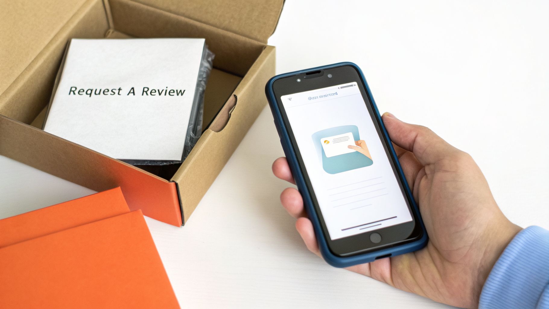 Hand holding a smartphone displaying review request next to an open package with a 'Request A Review' booklet.