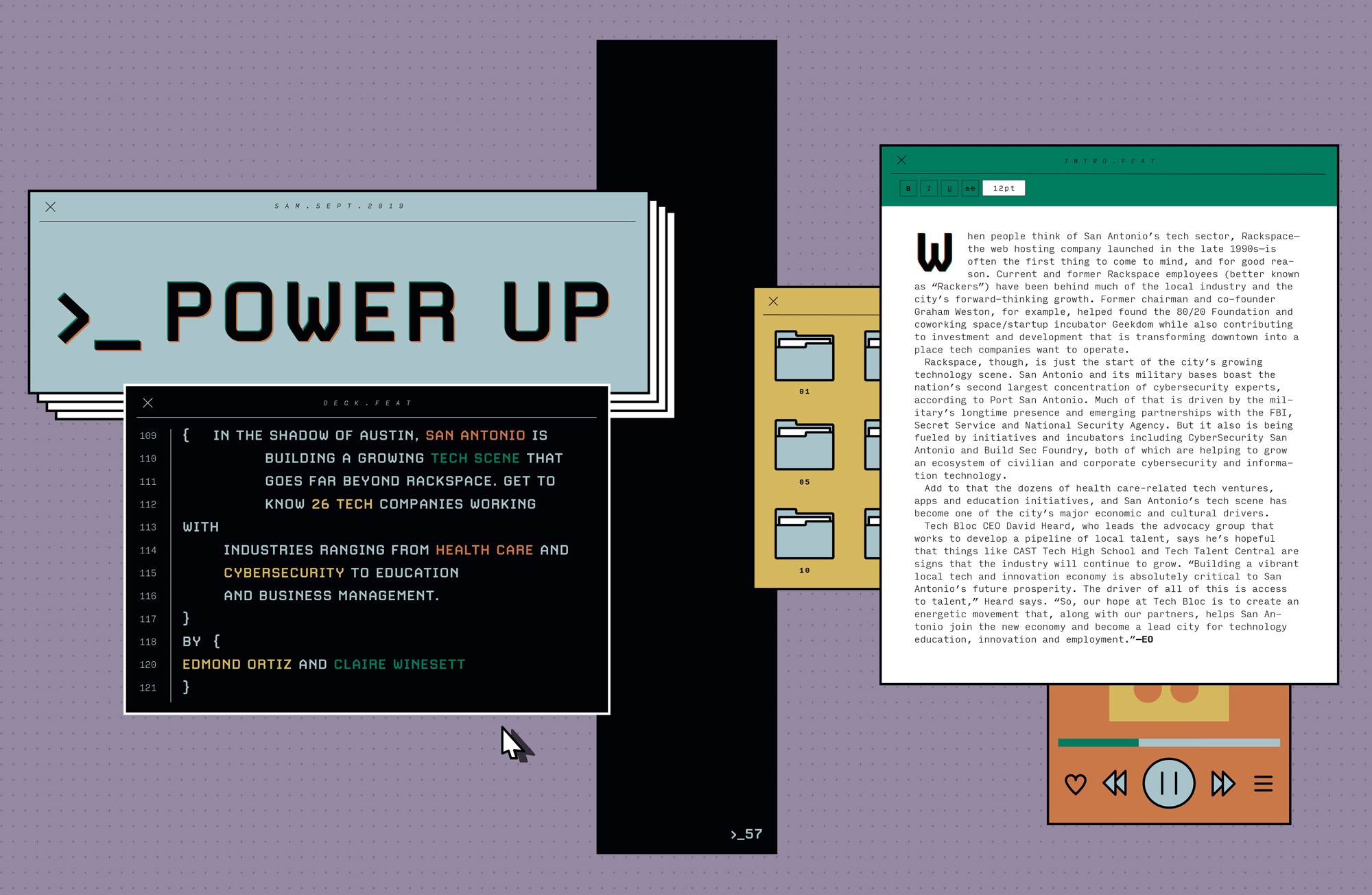 San Antonio Magazine tech feature spread with desktop-inspired design and custom spot illustrations