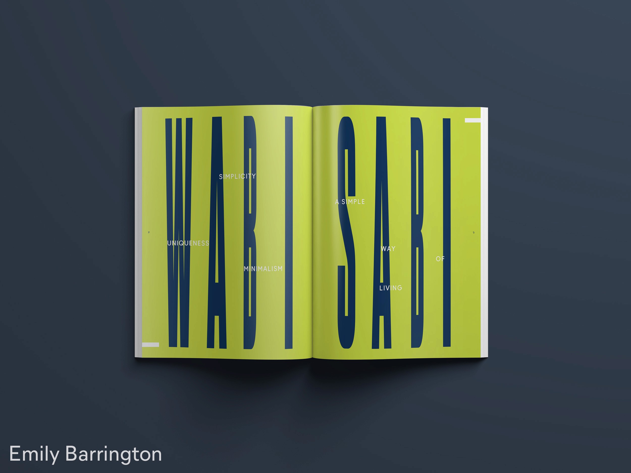 Magazine spread, blue text on green background, by Emily Barrington