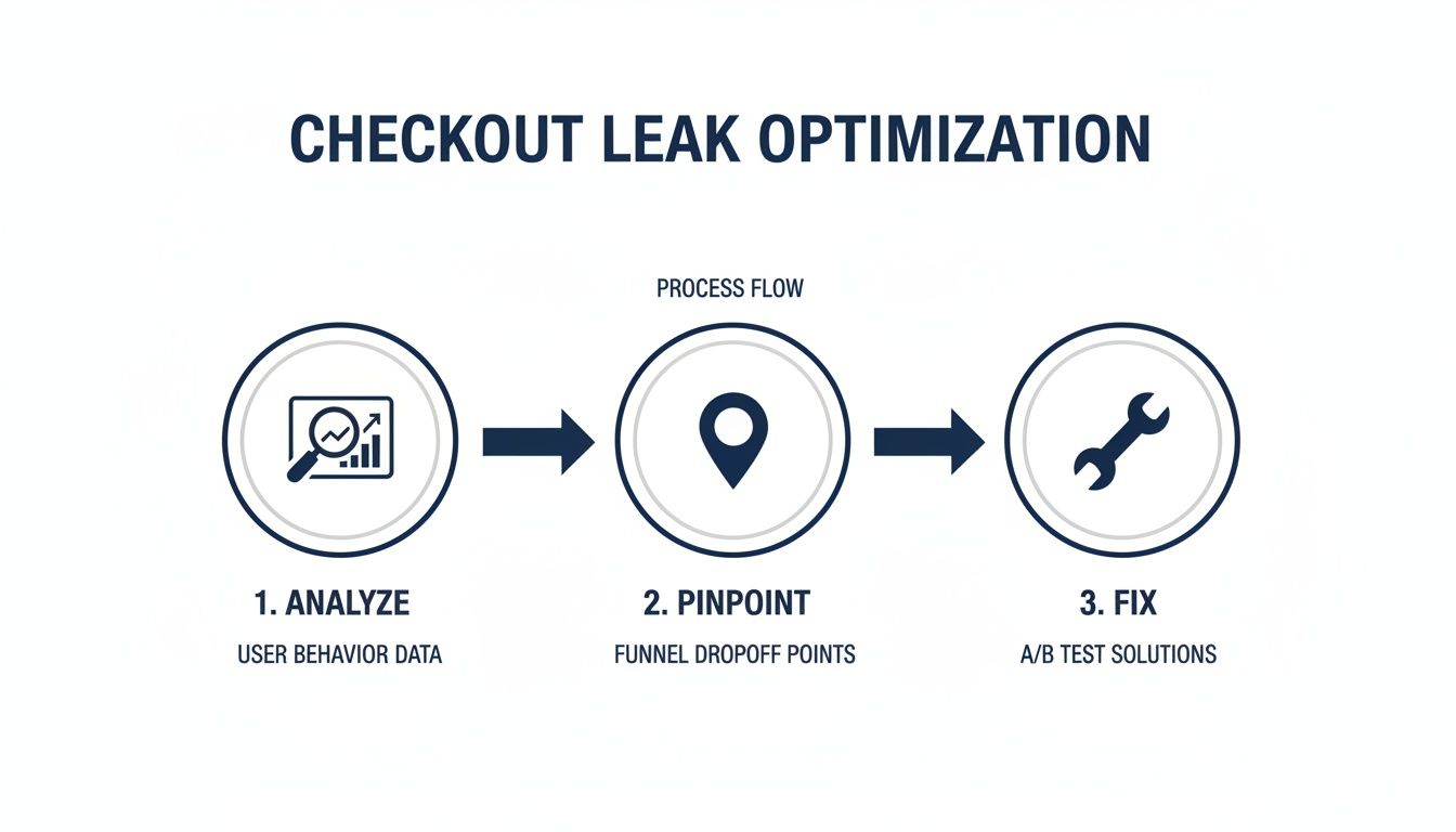 A process flow for checkout leak optimization showing three steps: analyze, pinpoint, and fix.