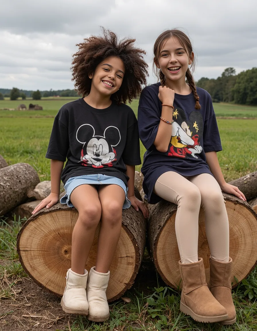 Two children sitting on wooden logs in countryside meadow, wearing cartoon t-shirts, with green fields and cloudy sky in background