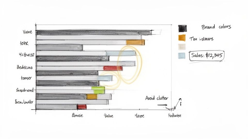 A hand-drawn sketch of a stacked bar graph with a legend showing brand colors and sales data.