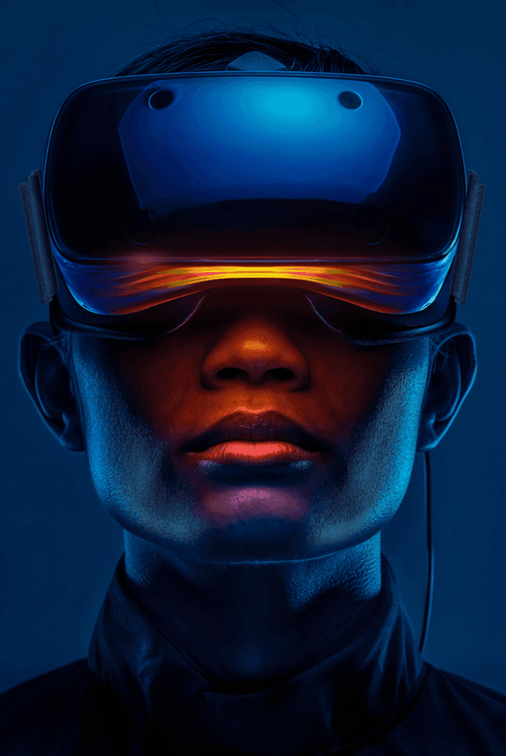 A man donning a virtual reality headset, exploring a virtual world with focused concentration.