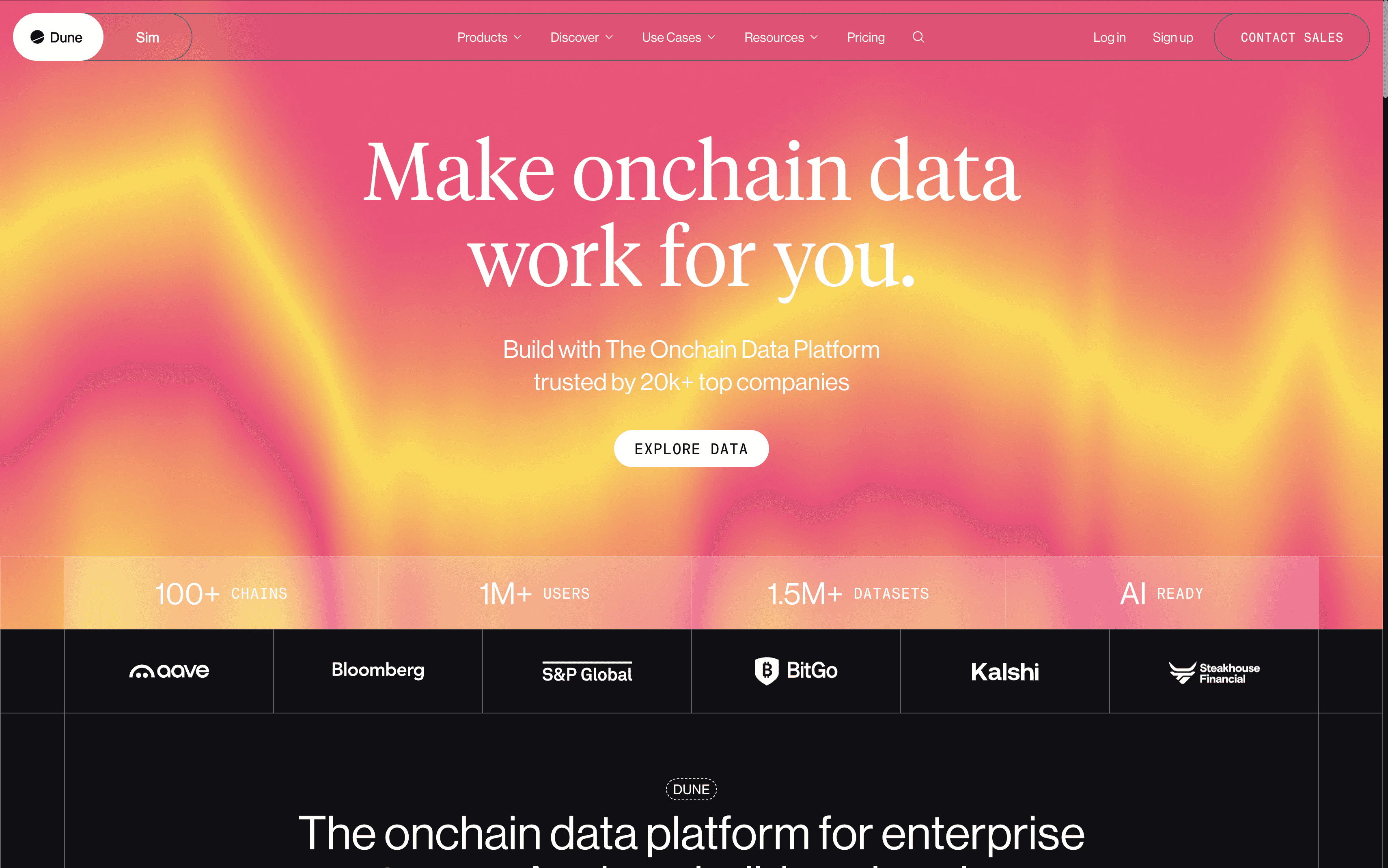 Dune Analytics homepage crypto onchain dashboards and analytics platform