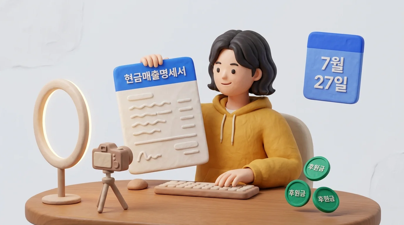 유튜버가 현금매출명세서 서류를 들고 안심하는 장면
