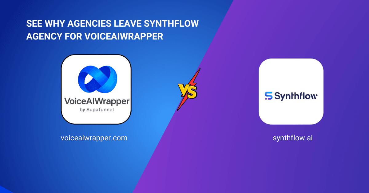 VoiceAIWrapper and Synthflow logos in a versus comparison cover positioning VoiceAIWrapper as the Synthflow Agency alternative | VoiceAIWrapper.