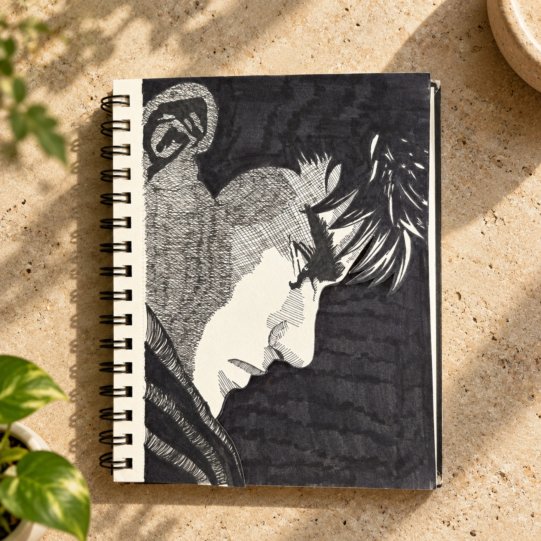 Black-and-white profile drawing of a downcast, dark-haired Guts