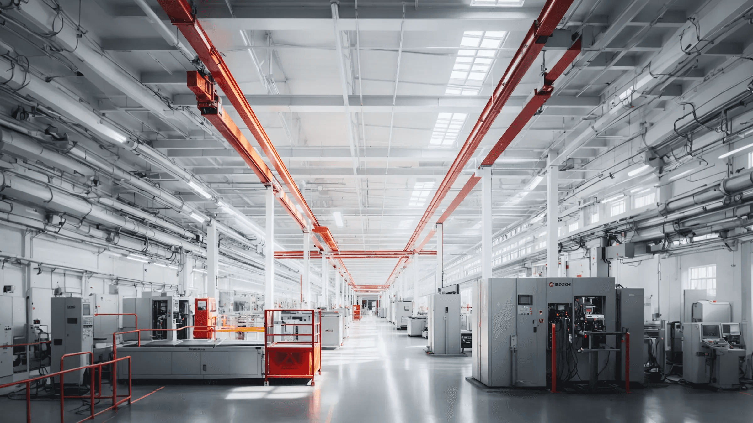 Wide view of bright modern factory hall with overhead cranes and machinery