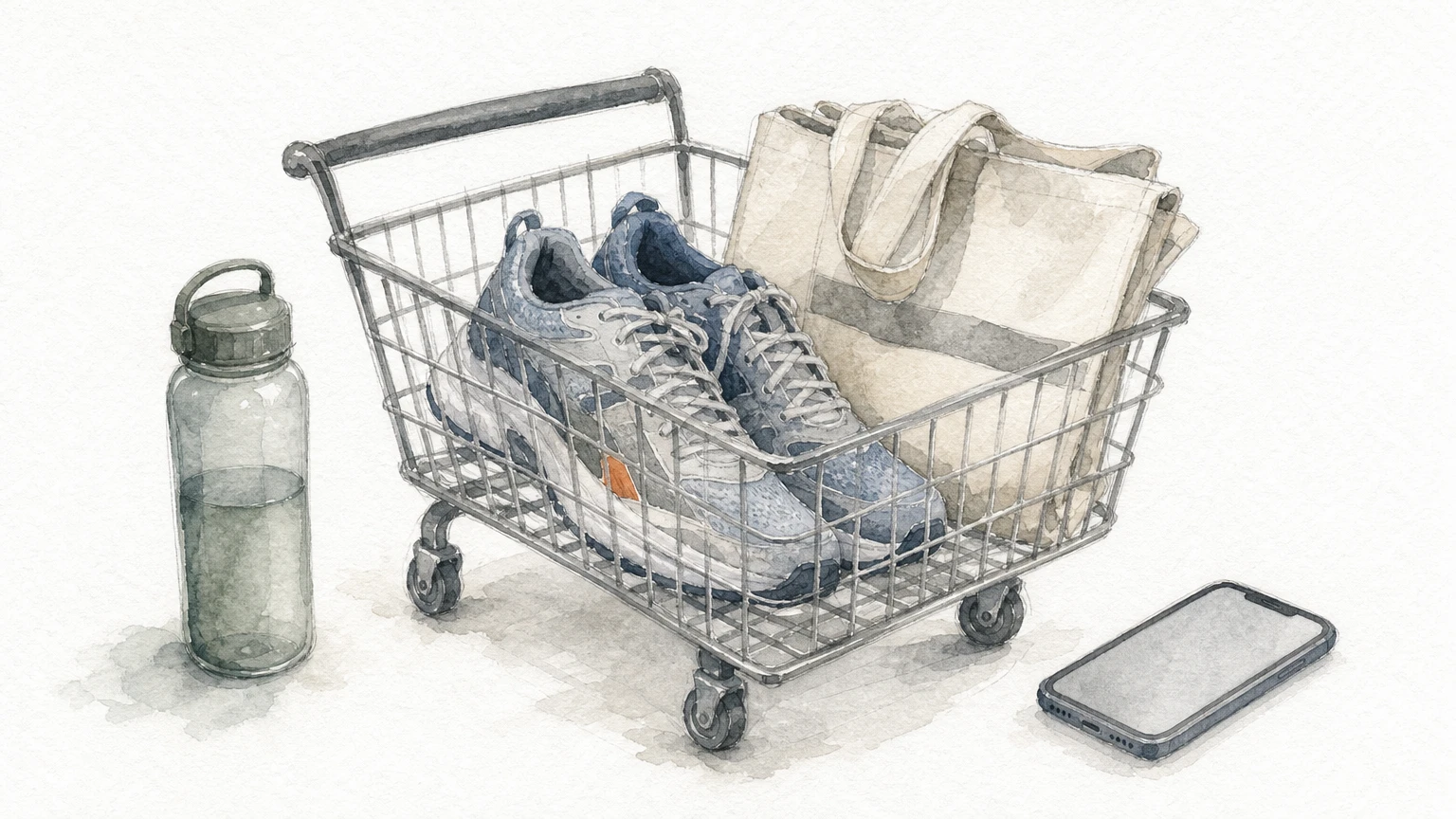 A shopping cart with running shoes and a tote bag beside a smartphone, suggesting an abandoned purchase.