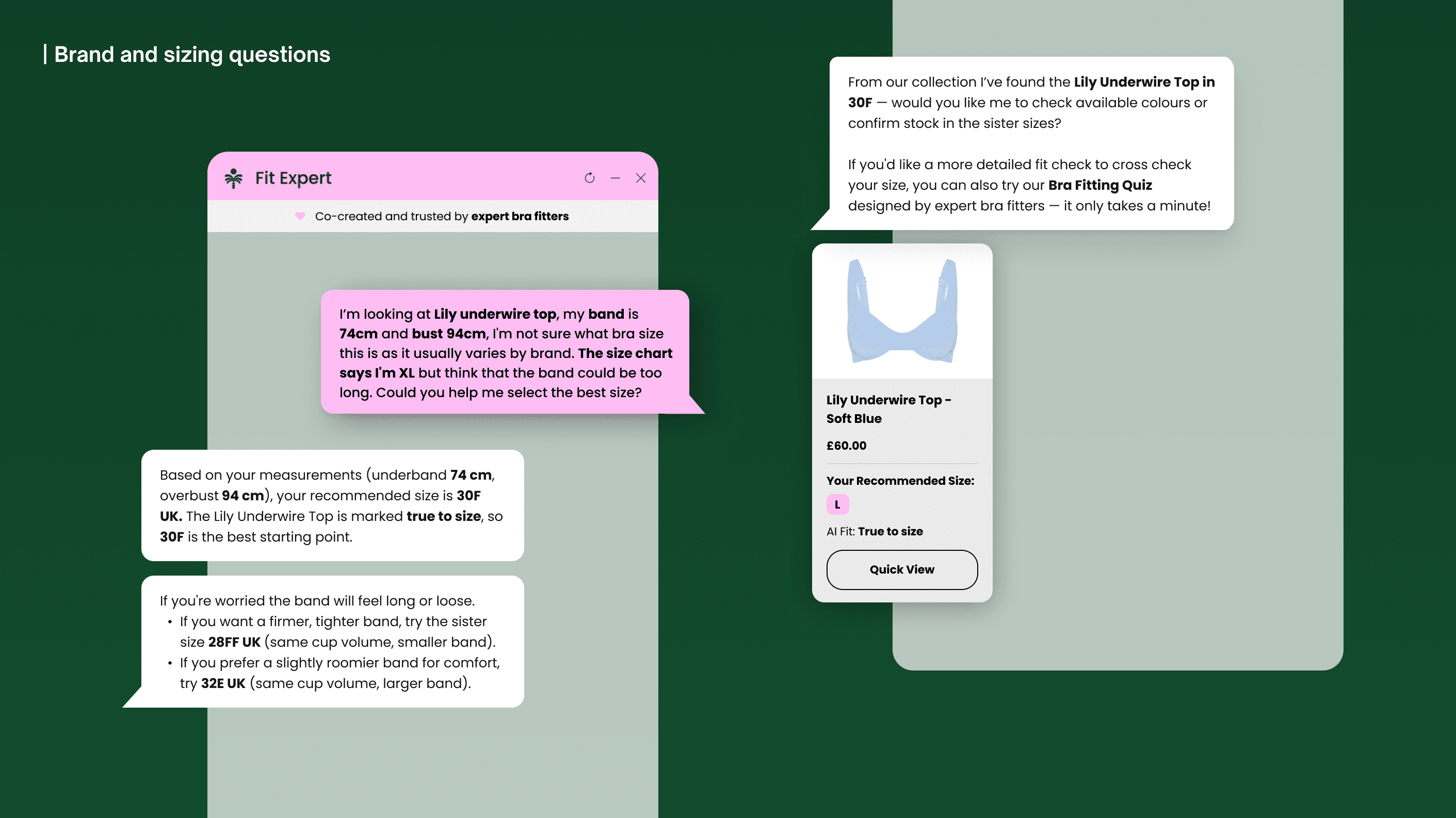 Brarista's chatbot on the JUNK LDN site, turning a shopper's underband and overbust measurements into a UK bra size and a JUNK size