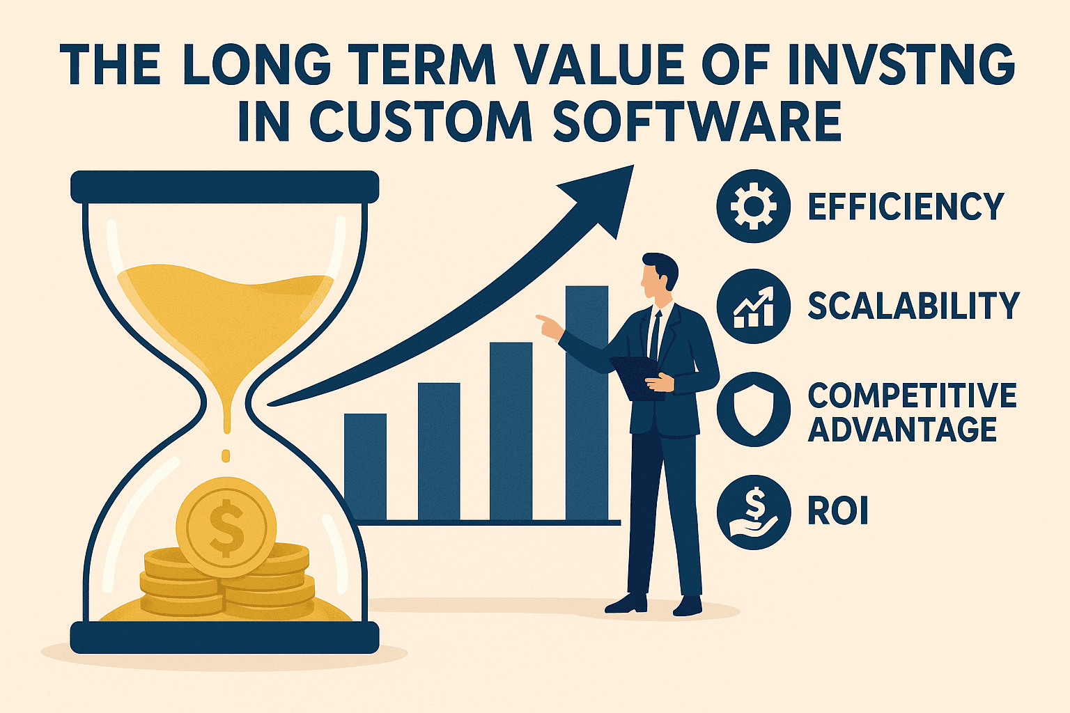 Infographic showing long-term value of custom software with an hourglass, growth chart, and icons for efficiency, scalability, competitive advantage, and ROI.