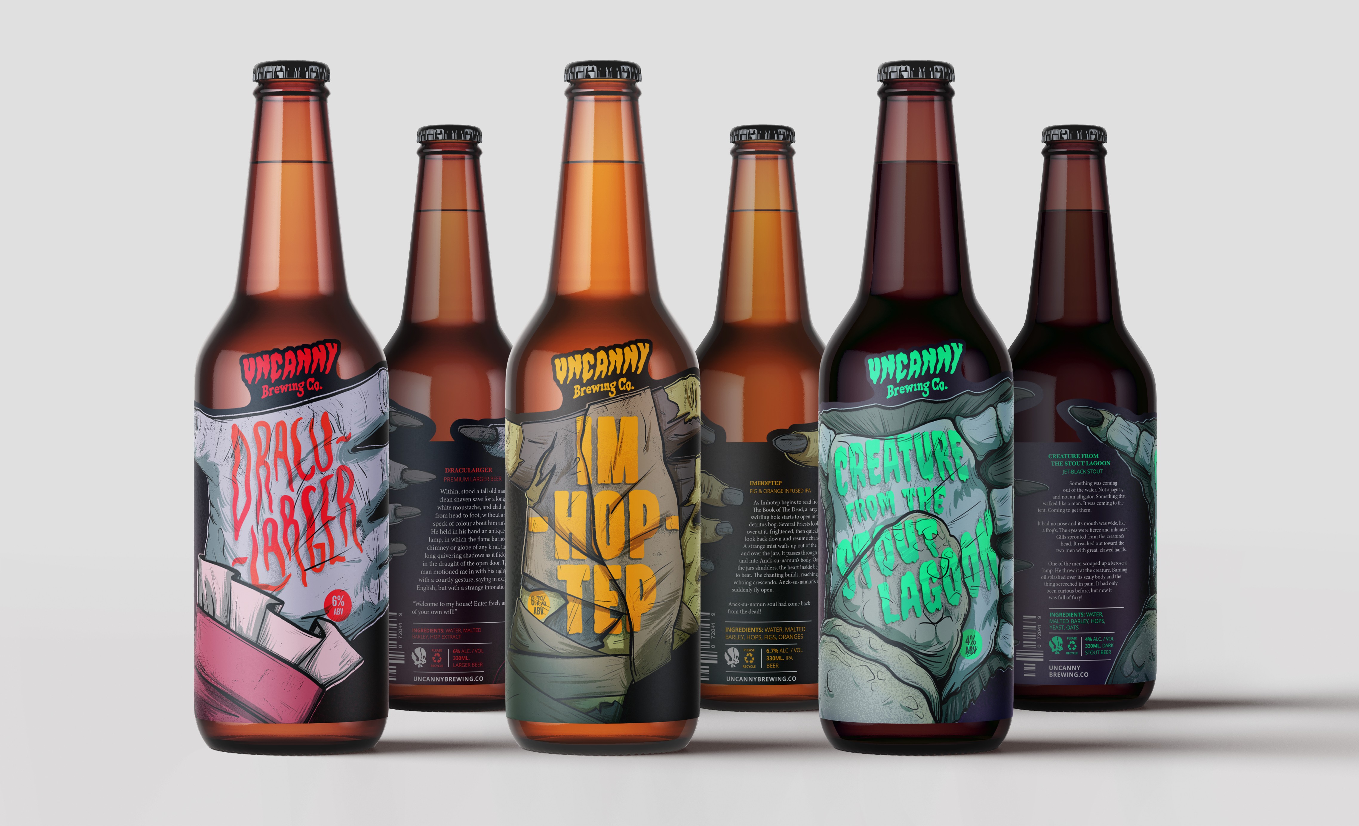 Bottle showcase displaying all three designed monster beer labels
