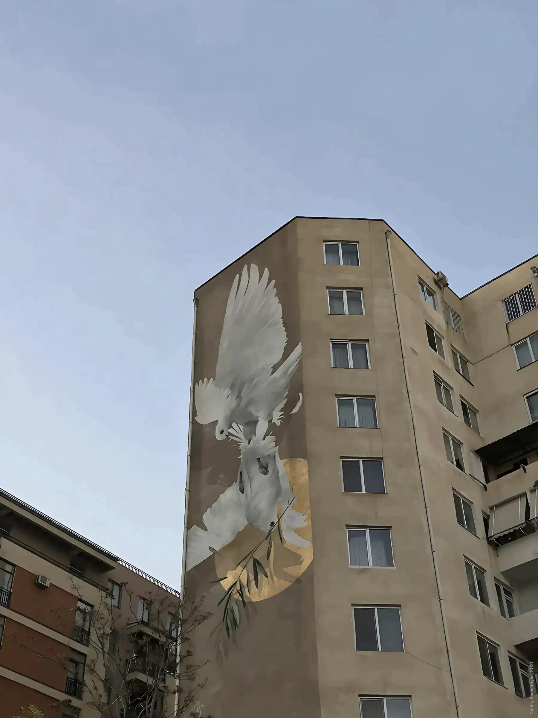 A mural on the narrow side of a tall apartment building shows two white doves fighting in flight, with the larger one carrying an olive branch. Behind them, a golden circular form shines, evoking the peace symbol.