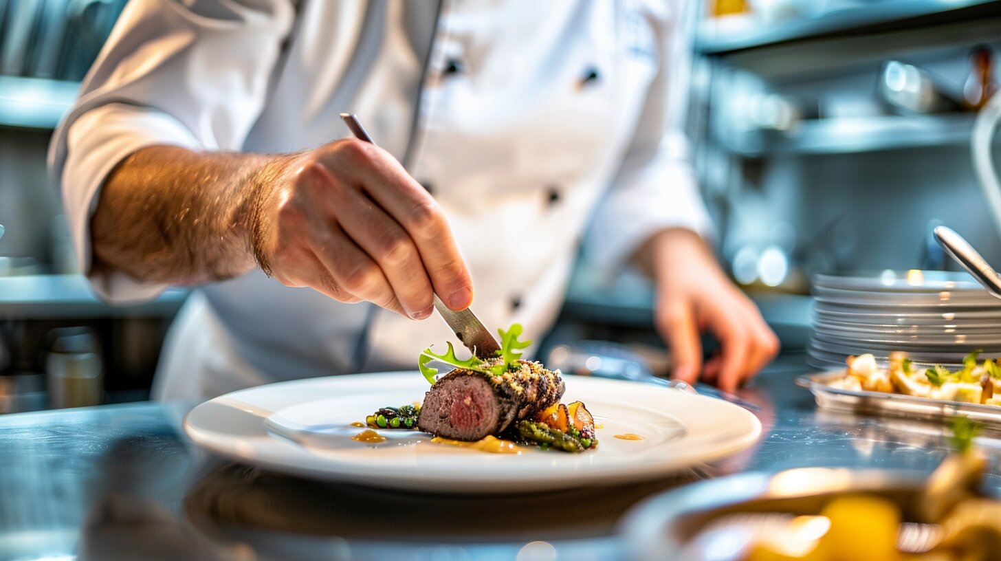 Private chef plating food beside laptop showing how Houston chefs combine artistry and business