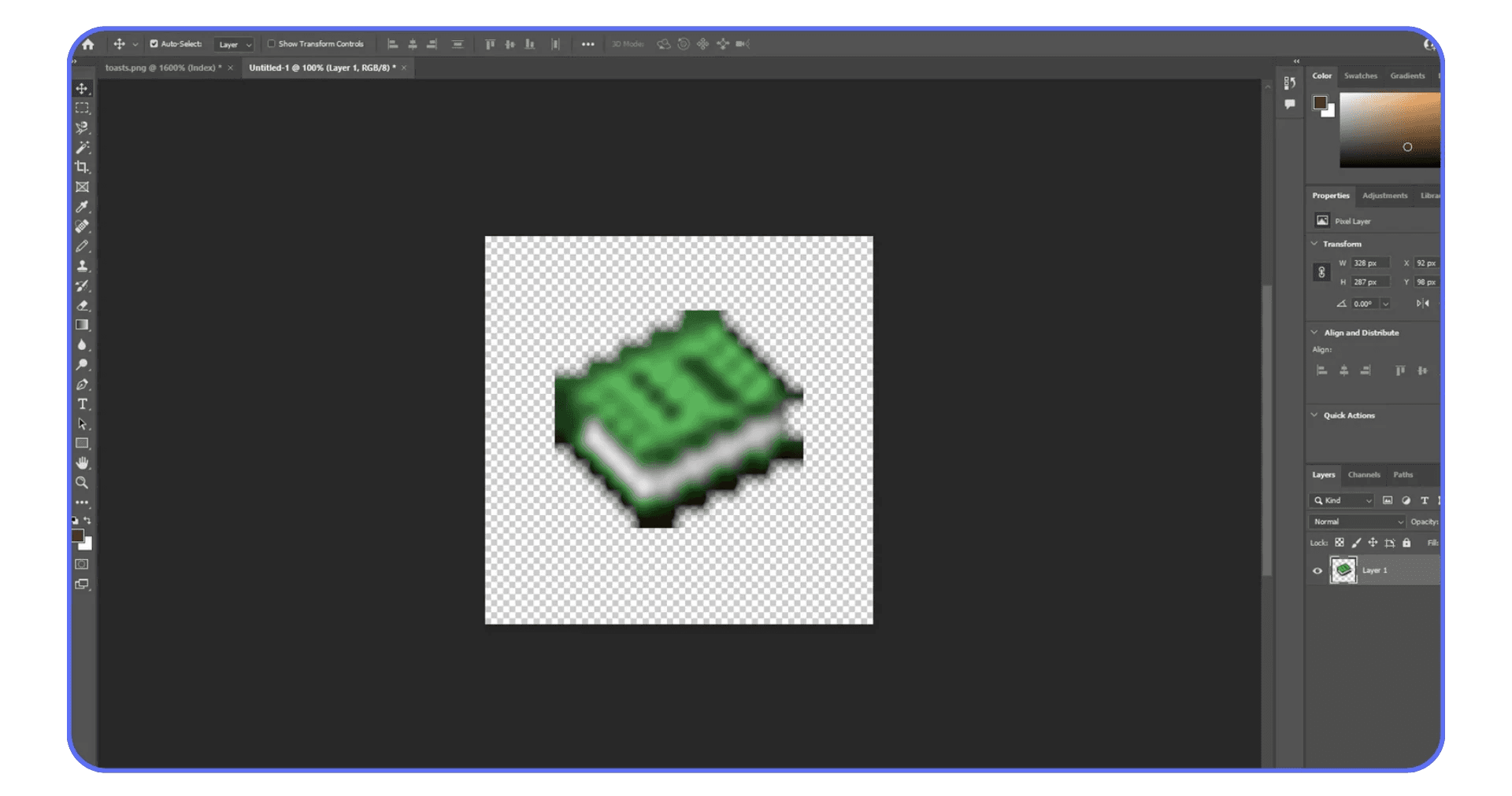 Pixelated low-resolution image displayed in Photoshop after scaling a rasterized layer