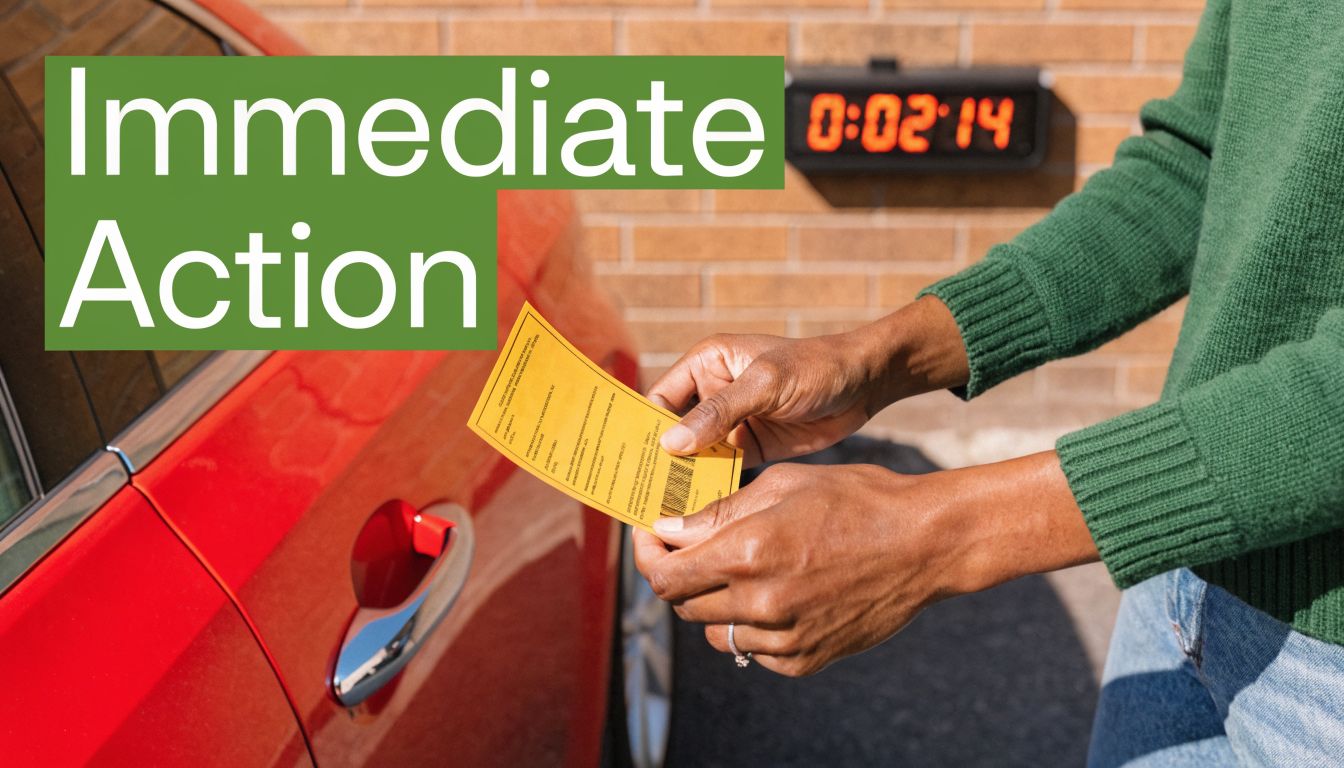 A person holding a yellow traffic violation ticket while standing next to a parked red car.
