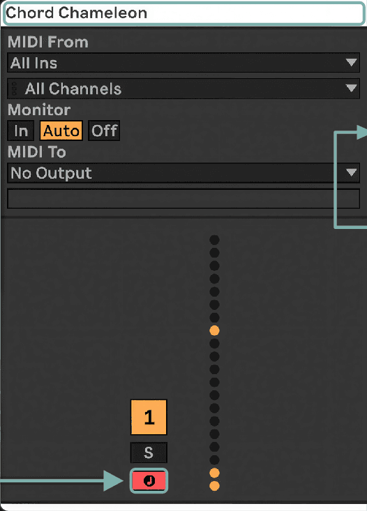 Ableton Live mixer, track 1 'Chord Chameleon'. The track title bar is outlined in teal. Below it: MIDI From All Ins and All Channels, Monitor on Auto, MIDI To No Output, and the record-arm button armed in red, also outlined in teal. Numbered markers 2 and 5 match the steps with those numbers.