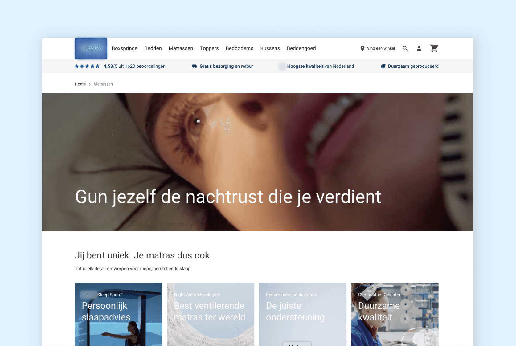 Screenshot of mattress website design