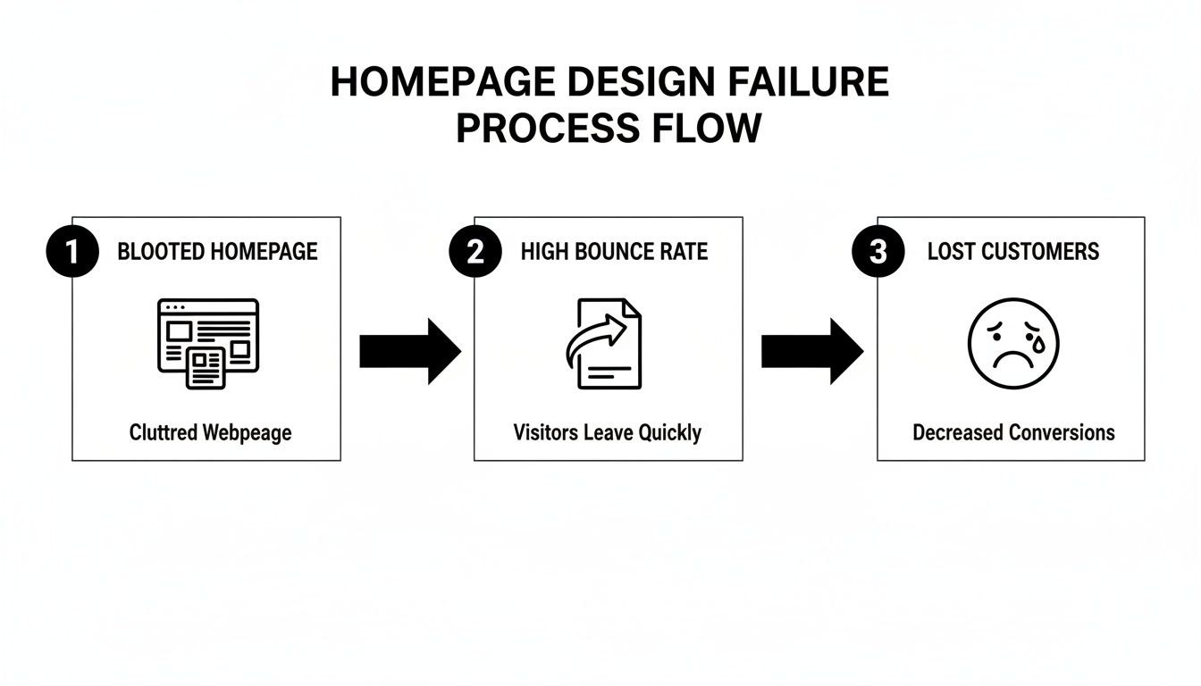 Flowchart illustrating the negative impact of bloated homepage design on user experience and business conversions.