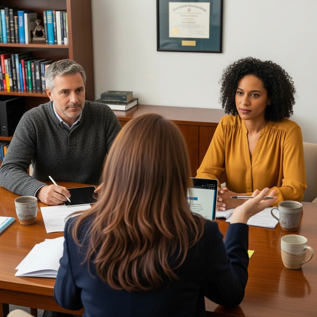 Psychologist consulting with teachers at a school