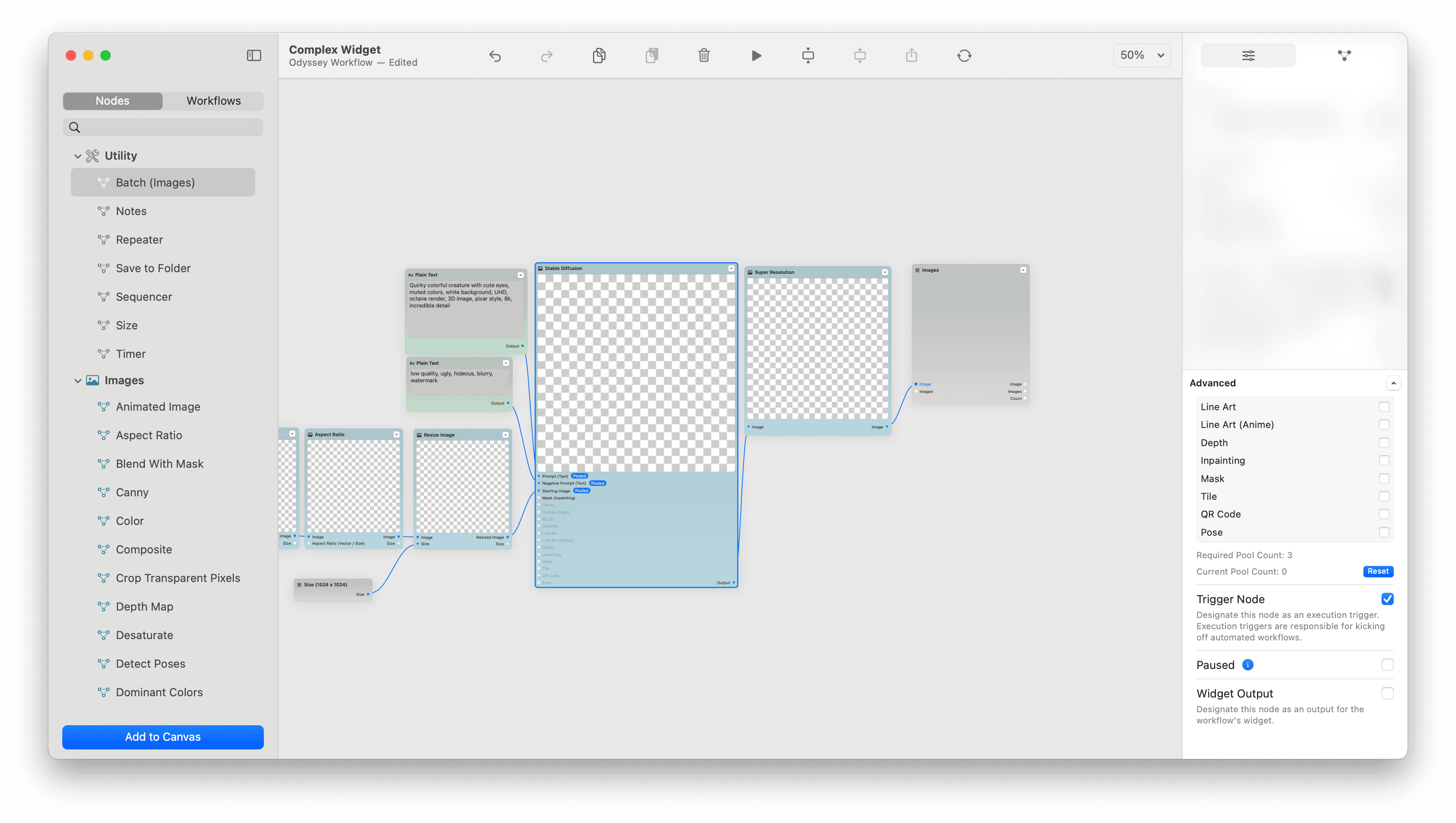 Setting up the Stable Diffusion node as a trigger node