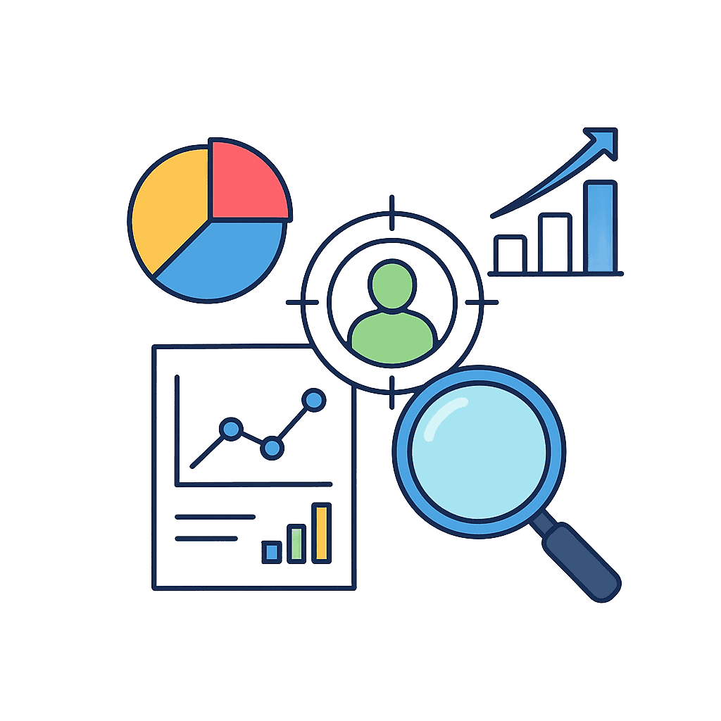 Illustration depicting audience insights and data analysis. The image features five distinct graphic elements: a colorful pie chart (yellow, red, blue), a blue and green bar chart with an upward-pointing arrow (representing growth), a line graph on a paper (representing trends), a blue magnifying glass (representing search/analysis), and a central target icon surrounding a green human figure (representing a targeted audience or customer).