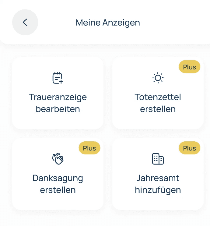 Bildschirmaufnahme der Anzeigenoptionen in der exitus App: Traueranzeige bearbeiten, Totenzettel erstellen, Danksagung erstellen, Jahresamt hinzufügen