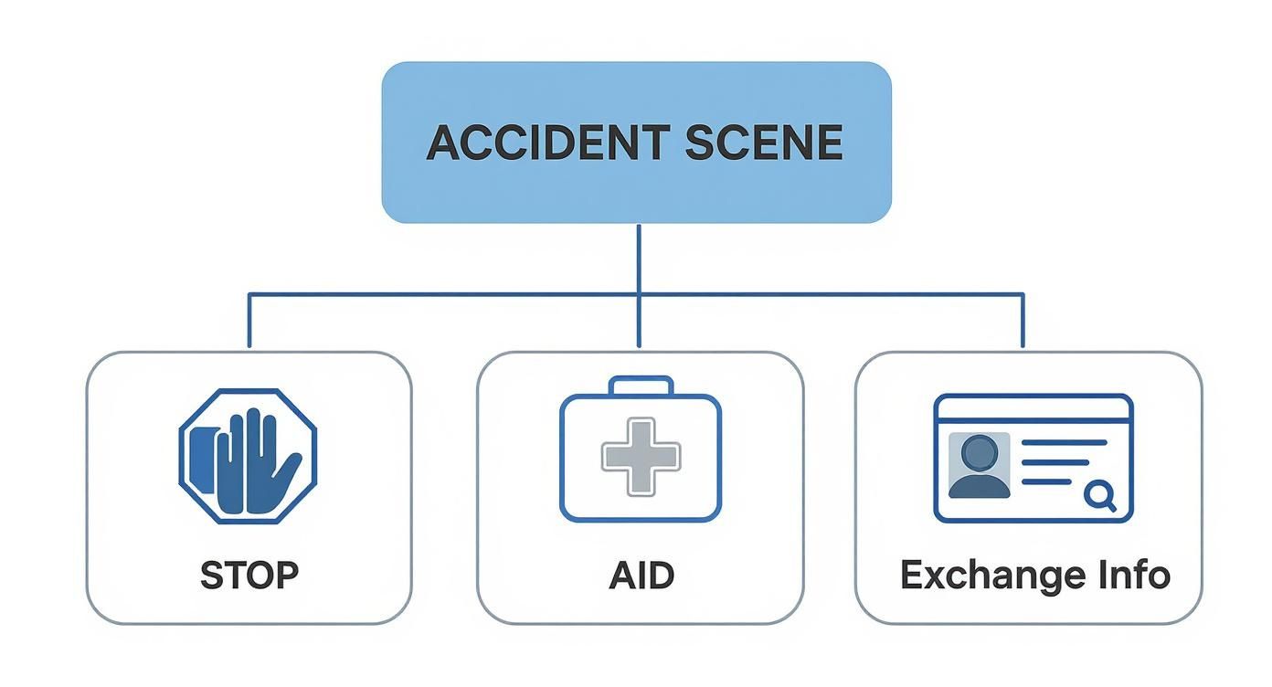 A flowchart showing the three essential steps to take after an accident: Stop, Aid, and Exchange Info.