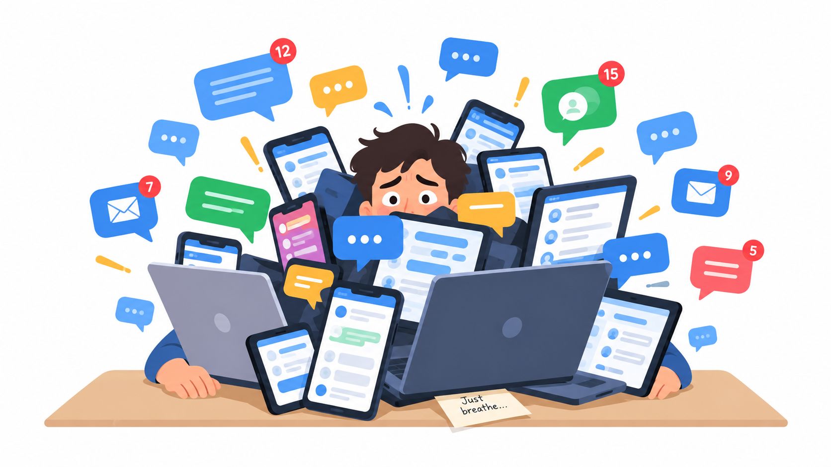 A stressed person overwhelmed by multiple screens, gadgets, and digital notification bubbles, struggling with excessive communication demands.