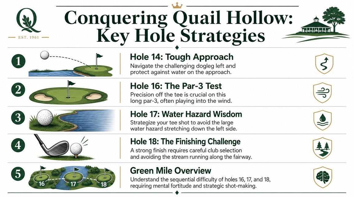 An infographic detailing golf strategy for key holes at Quail Hollow Club including hazards and layout.