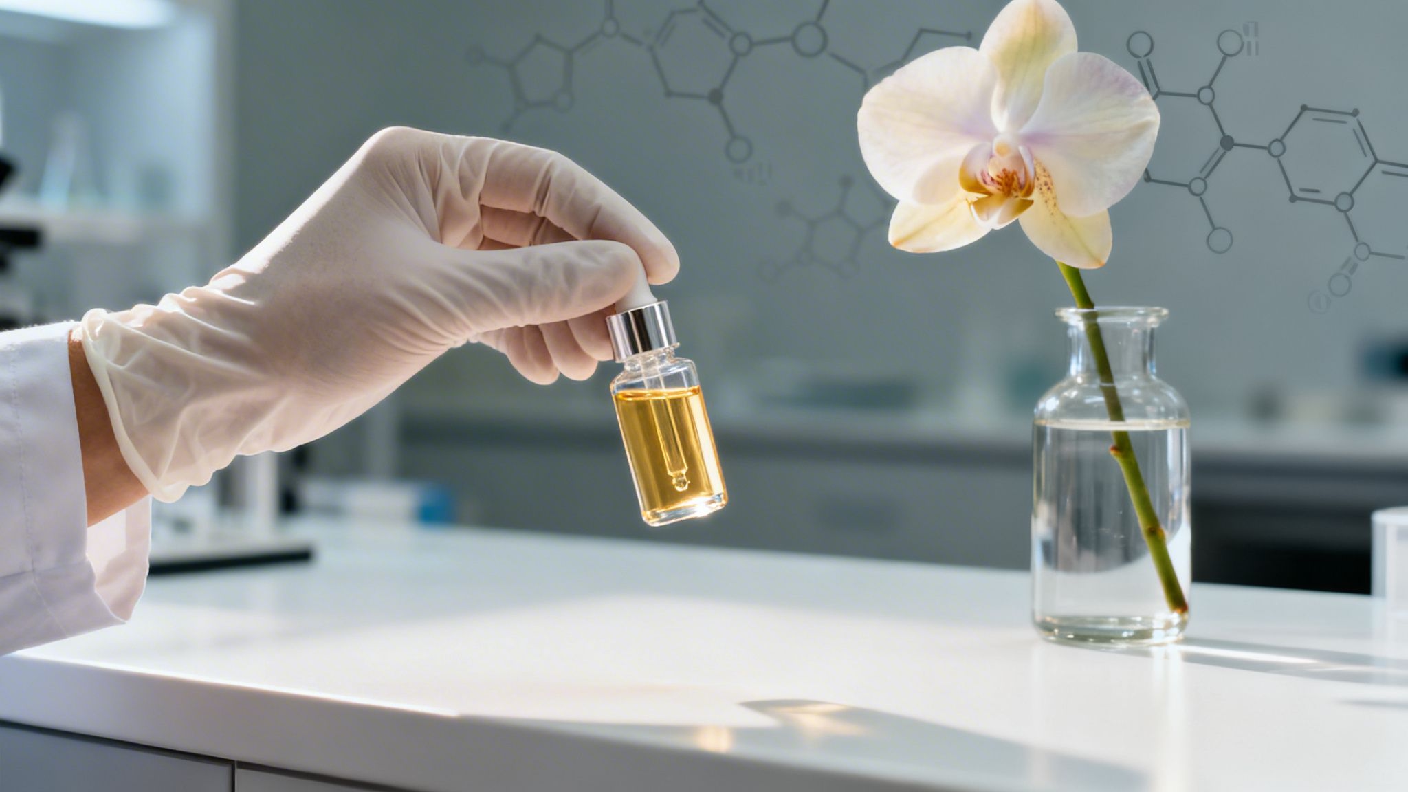 A scientist's gloved hand holding a natural skincare serum next to a white orchid in a lab.