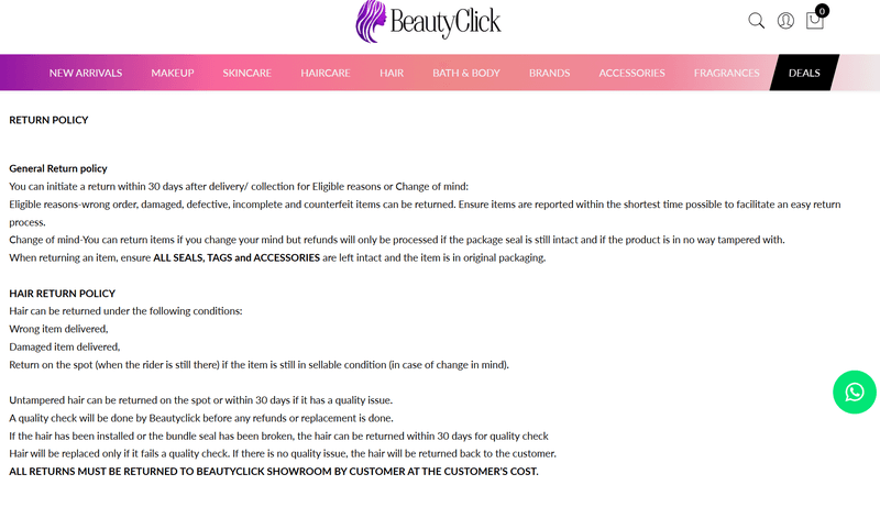 BeautyClick ecommerce return policy