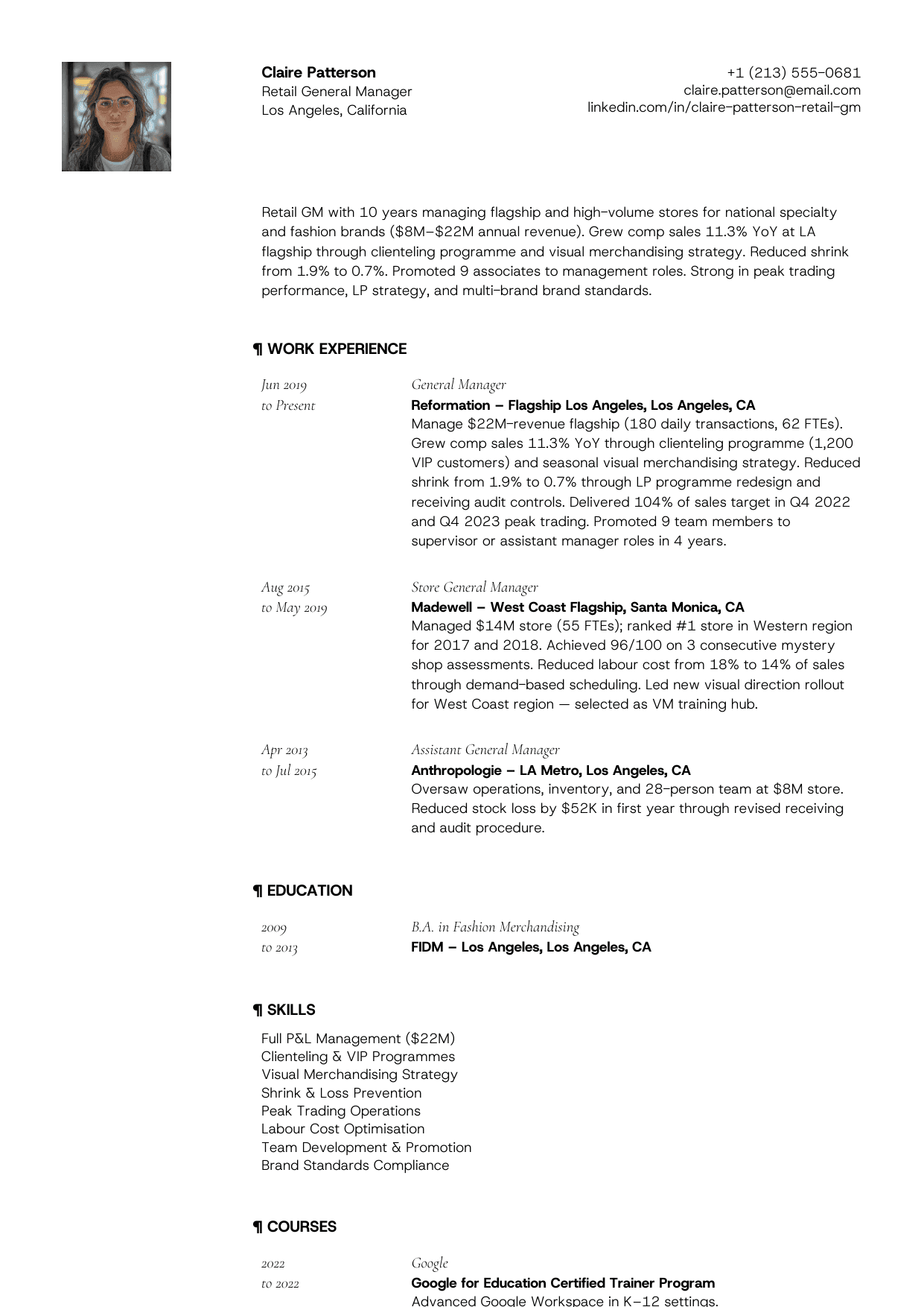 Retail general manager resume example