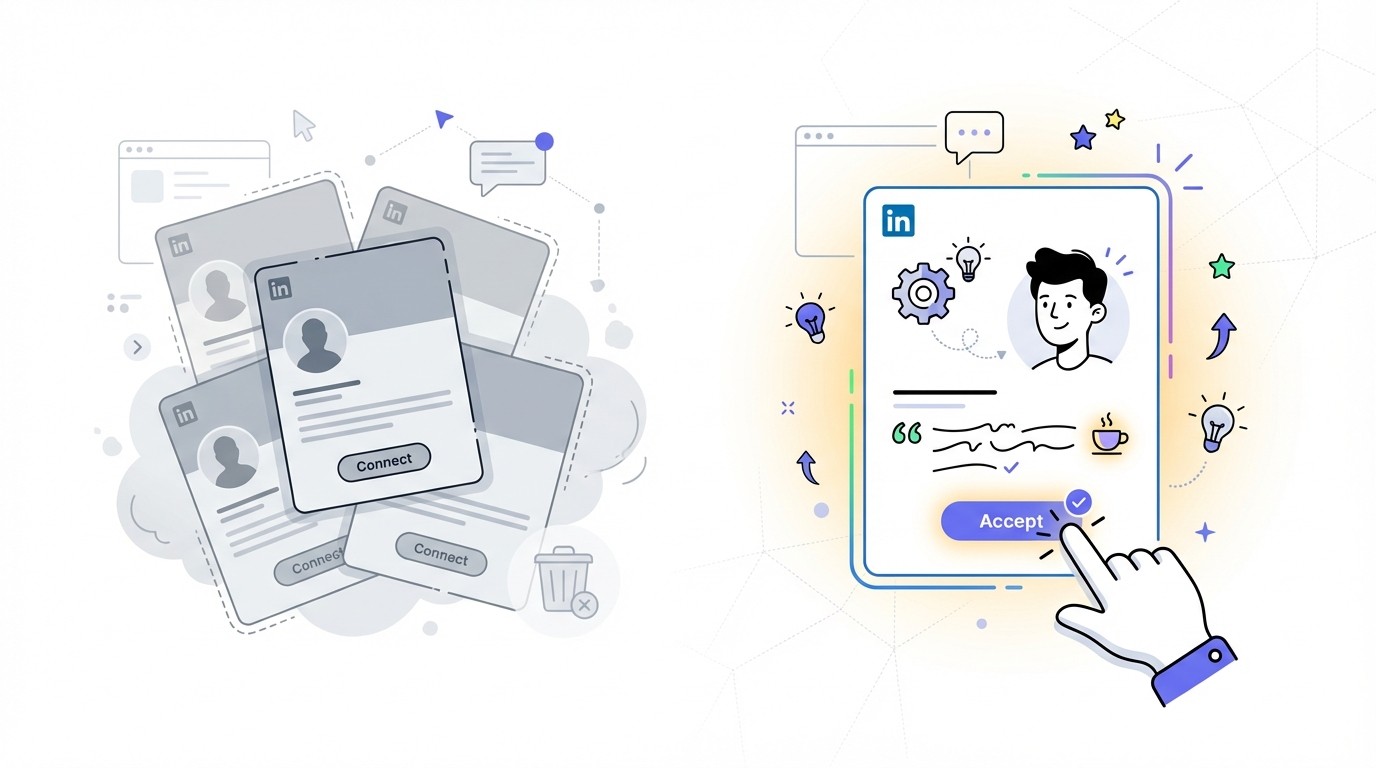 An illustration showing a clear contrast between generic and personalized LinkedIn connection requests. On the left, many identical, greyed-out, ignored requests are stacked. On the right, a single, vibrant, highlighted, and personalized request is being accepted by a cursor.