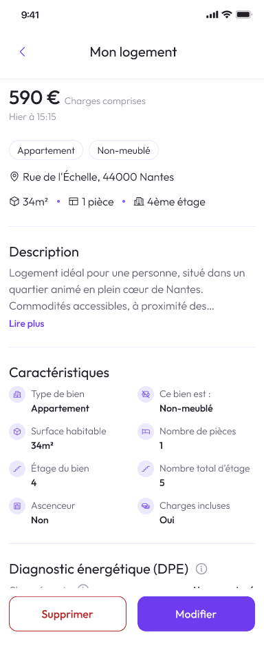 Une fiche de logement au sein de l'application mobile Studyhome.