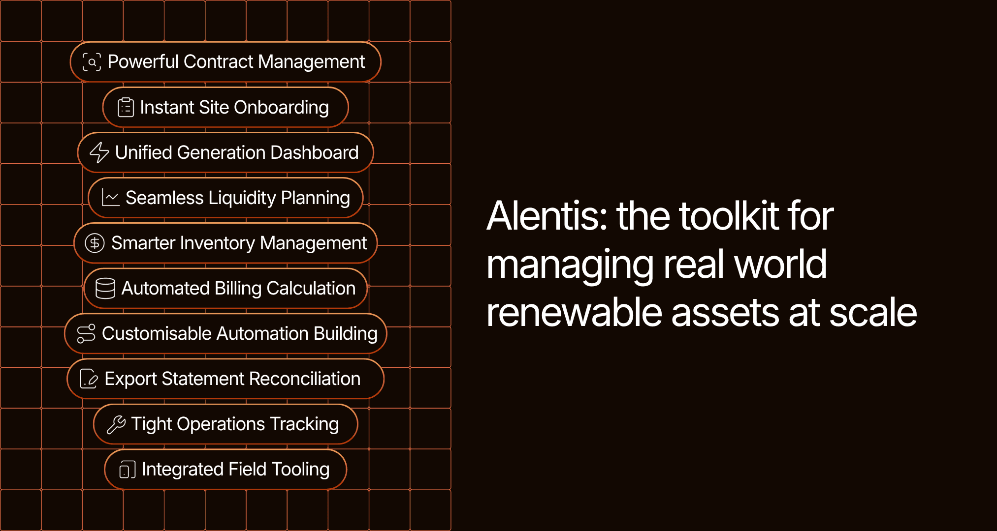 Various automations like 'Instant site onboarding' and 'Tight Operations Tracking' with the title Alentis: the toolkit for managing real world renewable assets at scale