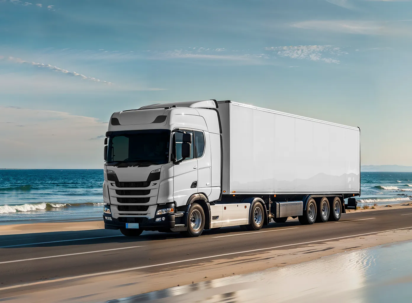 A white semi-truck drives along a coastal road with a calm ocean and blue sky in the background, conveying a sense of freedom and travel.