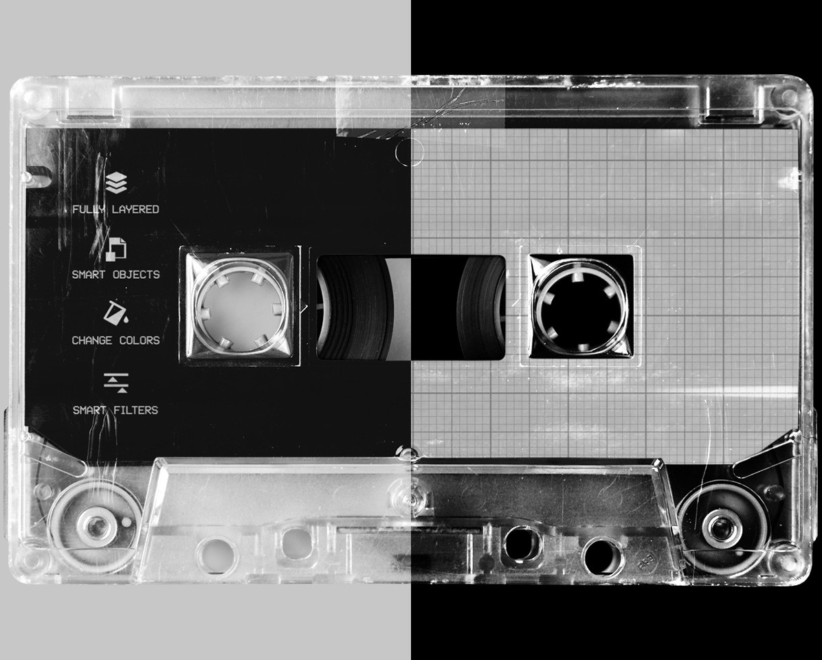 Retro Cassette Tape Mockup demonstrating the smart object and fully layered Photoshop file structure