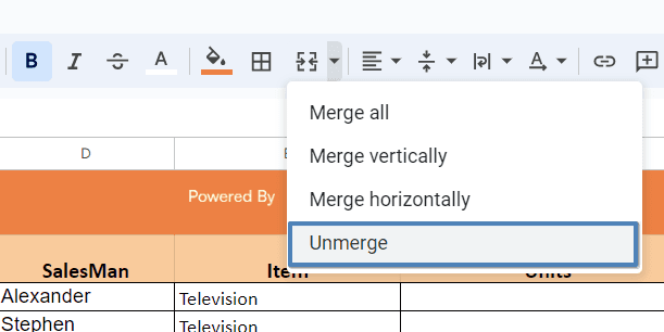 In the toolbar at the top, find the “Unmerge” option. 