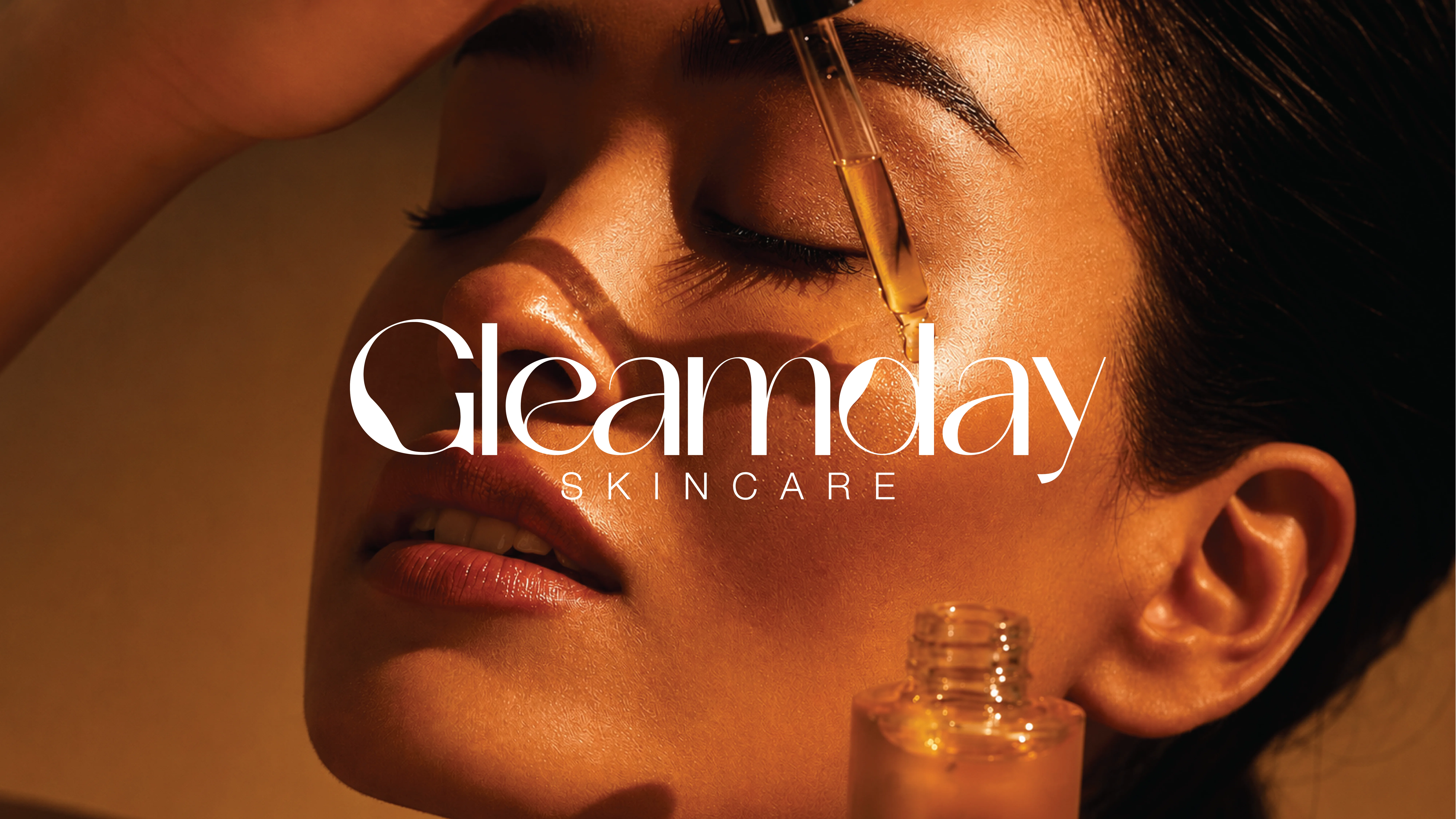 A person gently applies facial serum with a dropper, highlighting a skincare routine set against a warm, golden backdrop with the Gleamday Skincare logo prominently displayed.