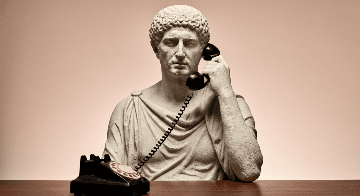 A roman statue on the phone