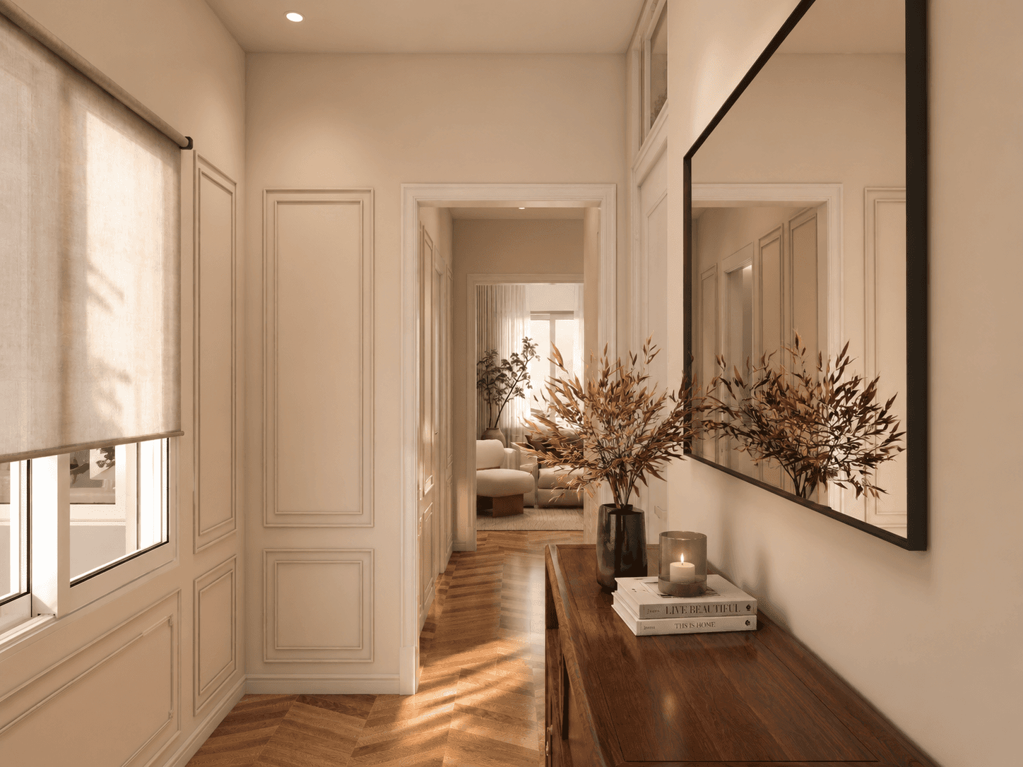 Recibidor contemporáneo con consola de madera, espejo de gran formato y molduras decorativas.