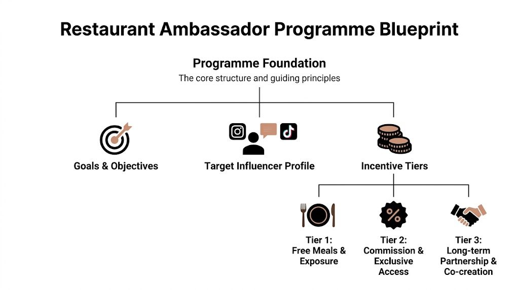A diagram outlining the structural foundation and incentive tiers for a restaurant influencer ambassador marketing programme.