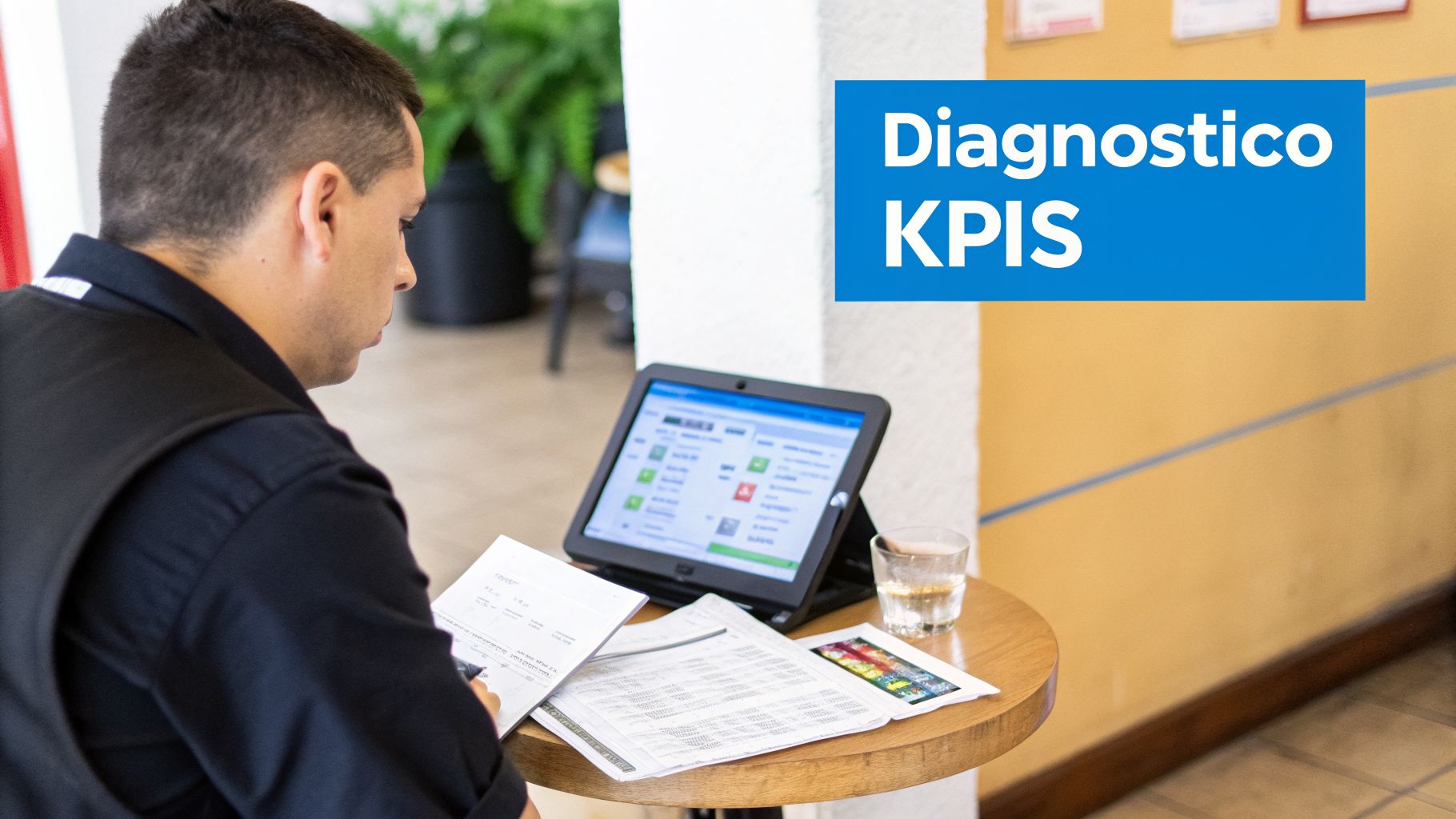 Hombre analizando documentos y una tablet en una mesa, con un cartel azul que dice 'Diagnóstico KPIS'.