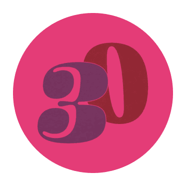 A circular graphic with a pink background featuring the number "30" in stylized purple and red font.
