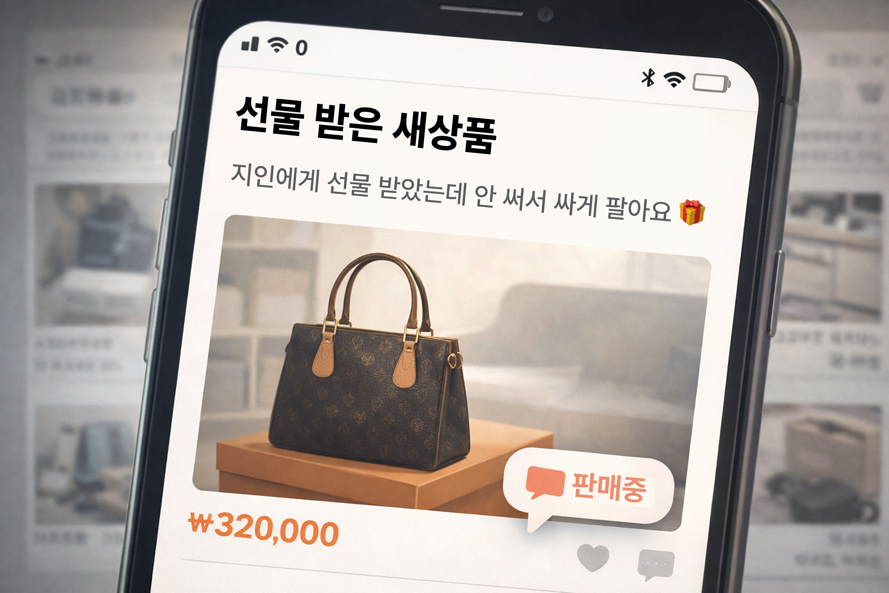 A smartphone displaying a secondhand marketplace listing titled 'Unused Gift' with a luxury handbag photo