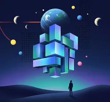 Person looking at floating geometric cube structure