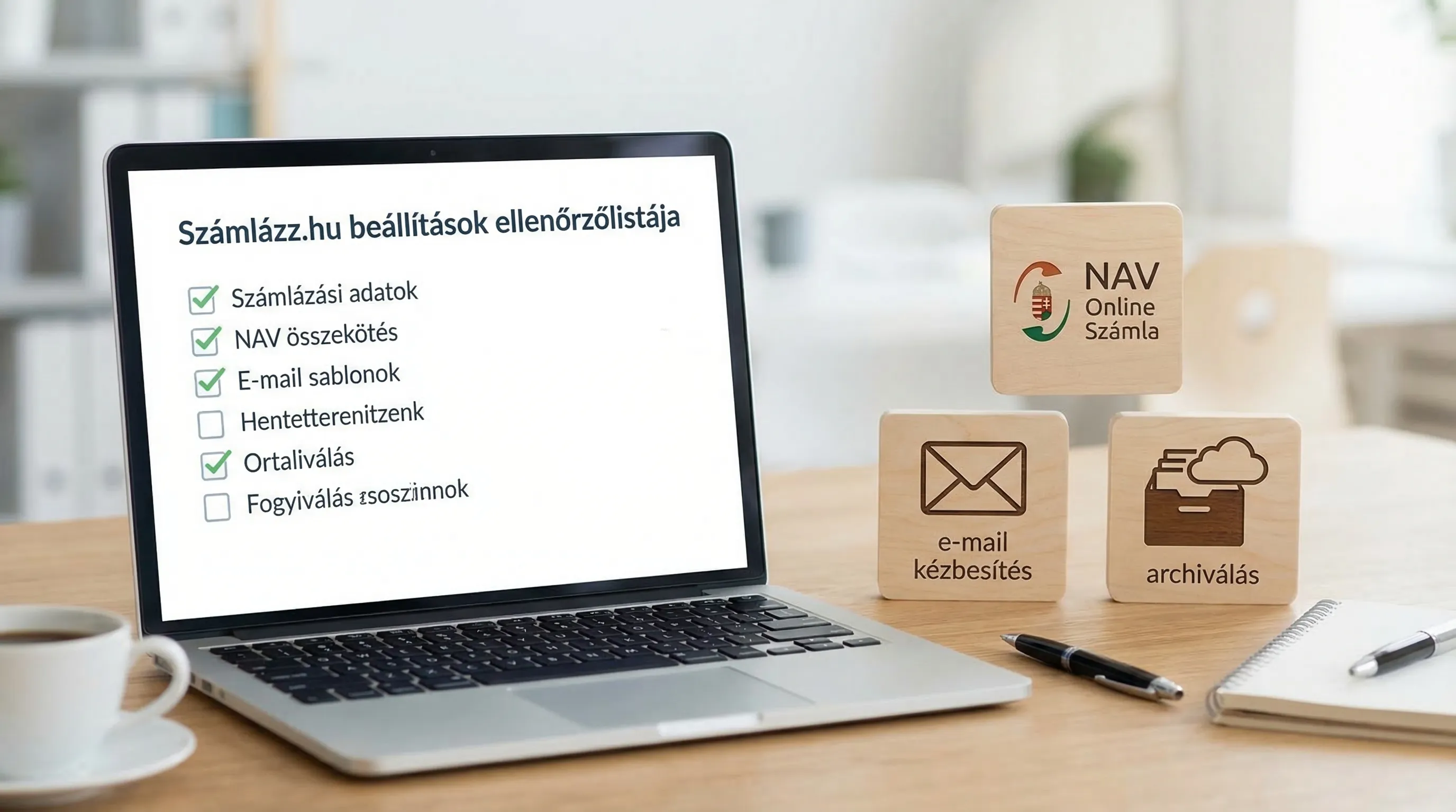A simplified overview of a Hungarian SME’s financial processes: a checklist for Számlázz.hu settings, alongside icons for NAV Online Invoice, email delivery, and archiving, all presented in a clean, easy-to-navigate layout.