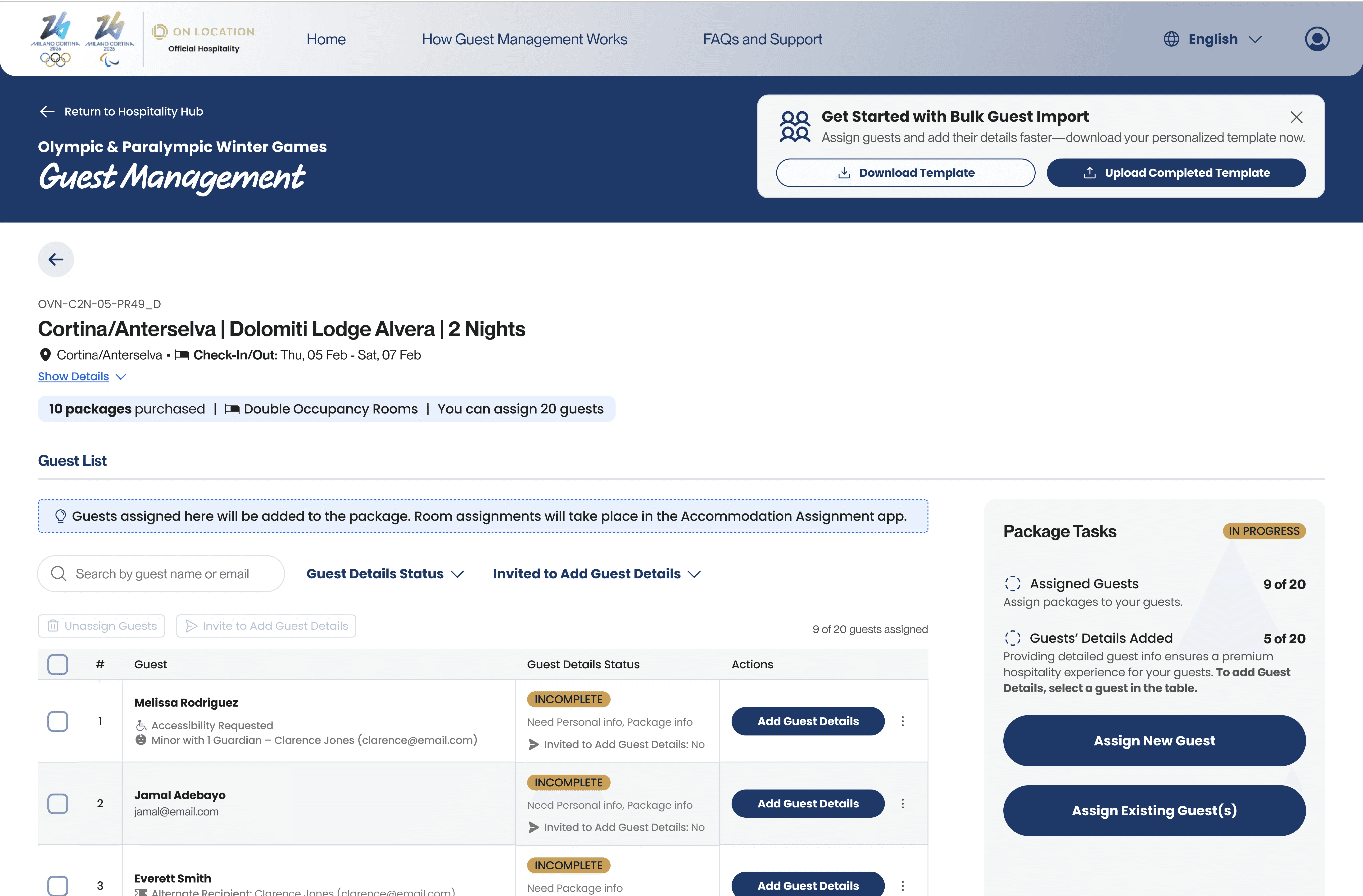 Guest Management Package Details page